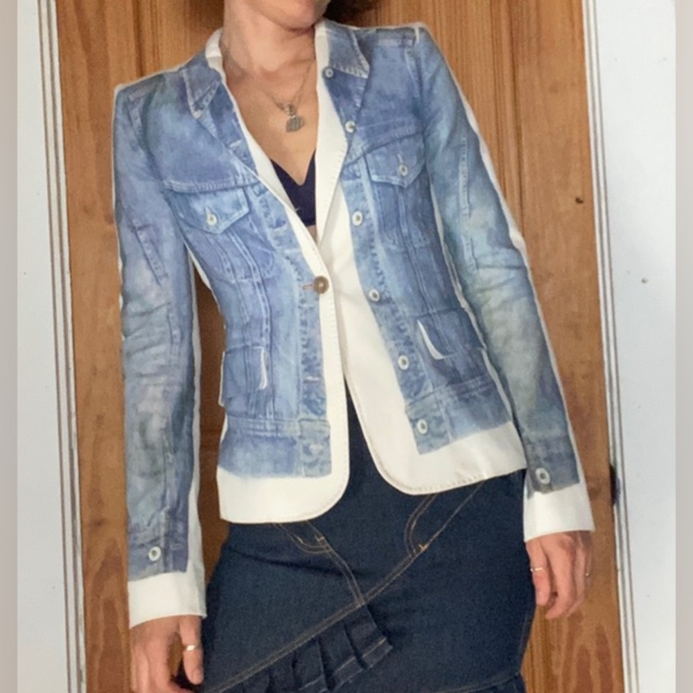 Y2k vintage D&G Dolce Gabbana denim jeans print on white cotton blazer